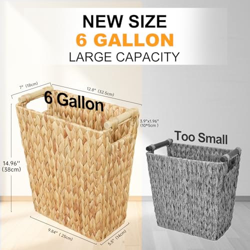 Coeusy 6 Gallon Wicker Trash Can with Wooden Handle,Wicker Waste Basket for Bathroom,Bedroom,Large Narrow Water Hyacinth Trash Basket,Rattan Boho Decor Farmhouse Bathroom Trash Can - size: 6 Gallon