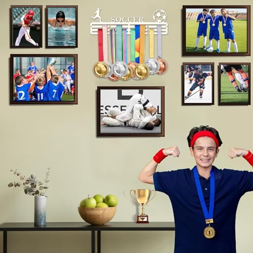 Resama Medal Hanger Holder Display Wall Rack Frame Shelf-Medal Hanger Awards Ribbon Soccer,Gymnastics,Holder Display Rack for 60 Medals - color: Soccer White