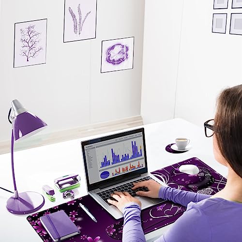 ARTSO Desk Mat, Large Gaming Mouse Pad Wrist Support Set, Ergonomic Keyboard Wrist Rest Desk Pad with Coaster Combo, Extended Mousepad with Non-Slip for Home Office, Purple Heart Butterfly - color: Purple Heart Butterfly