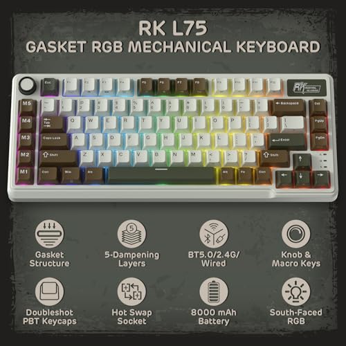 RK ROYAL KLUDGE L75 Gasket Mount Mechanical Keyboard w/Knob/Macro Keys & Touchable Nameplate, Tri-Mode 75% TKL Wireless Keyboard BT/2.4G/USB-C, Hot Swappable, Pro Software, Massive 8000mAh Battery - color: Palm Green, size: Linear Cream Switch