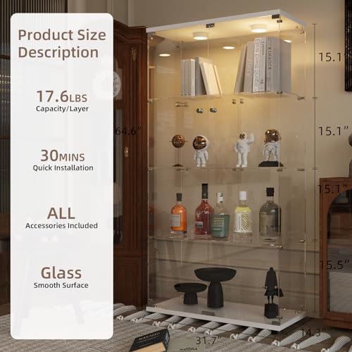 Beauty4U Glass Display Cabinet with LED Light, 4 Shelves with 2 Doors, Curio Cabinets for Living Room, Bedroom, Office, White Floor Standing Glass Bookshelf, Quick Installation - color: White-led, size: 2-Door 4-Shelf