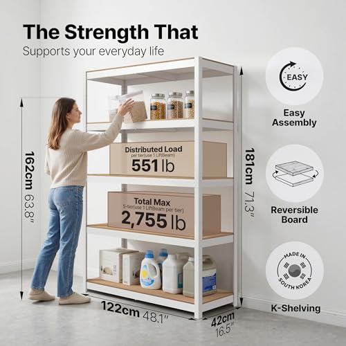 HOMEDANT House 48.1" W 5 Tier Heavy Duty Garage Shelving Adjustable Metal Rack Storage Shelves Standing Shelf Unit Organizers Industrial Warehouse Basement White 1Pack - color: White, size: 48.1"W x 16.5"D