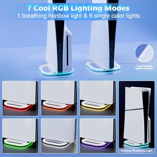 HONCAM Vertical Stand for PS5/PS5 Slim/PlayStation Pro Consoles, PlayStation 5 Vertical Holder with 7 RGB Lights and a Screw,White - color: White