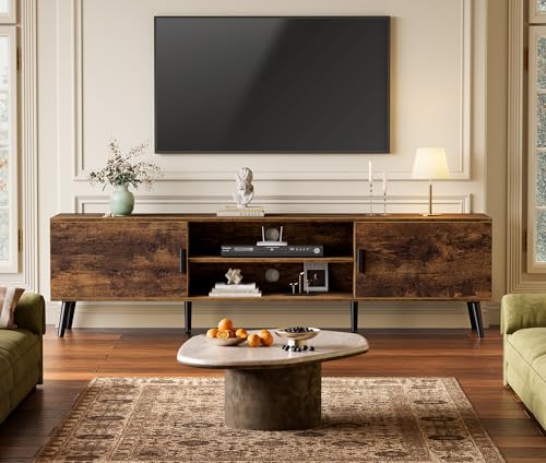 SUPERJARE TV Stand for 55, 65 Inch TV, 63 Inch Entertainment Center with Adjustable Shelf, 2 Cabinets, TV Console Table, Media Console, Solid Wood Feet, 4 Cord Holes, for Living Room, Rustic Brown - color: Rustic Brown, size: 63"