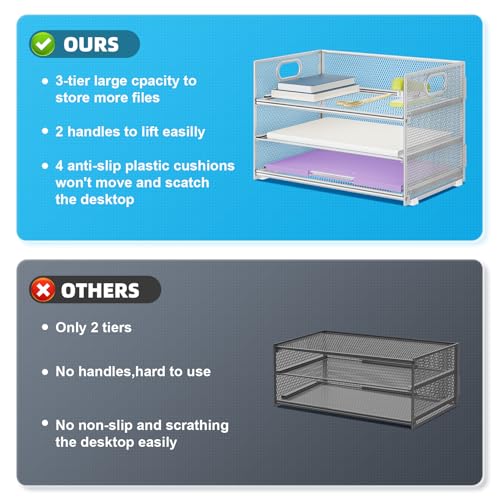 Marbrasse 3 Tier Paper Organizer Letter Tray, Mesh File Organizer with Handle, Paper Sorter Desk Organizer for Home Office Supplies - Silver - color: Silver