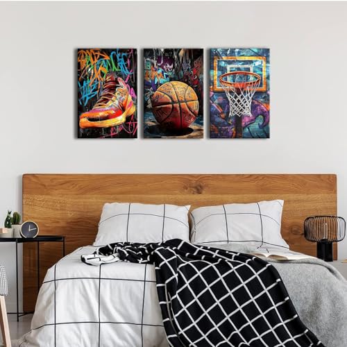 Basketball Canvas Wall Art Retro Graffiti Teen Wall Decor Street Abstract Sports Posters Picture Cool Artist Pop Framed Painting for Man Cave Decor Office Game Room Trendy Home Decoration 16x24 3 Pcs - color: Basketball, size: 16"L x 24"W