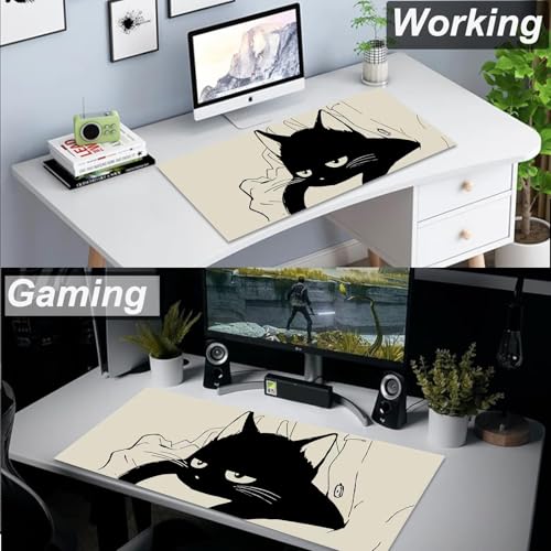 Gaming Mouse Pad XL Extended Anime Mouse Pad 31.5x11.8 inch, Large Cute Kawaii Big Computer Mouse Mat Desk Pad with Non-Slip Rubber Base and Stitched Edge for Home Office-Black Cat - color: Black Sleeping Cat, size: 31.5L x 11.8W inches