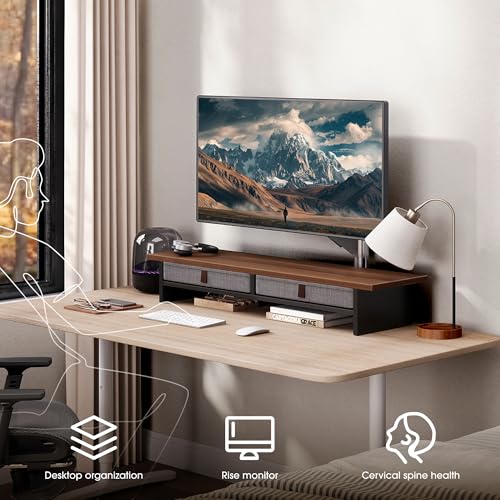Fenge 35 Inch Monitor Stand with Drawer, 2 Tiers Dual Monitor Riser for Desk, Wooden Computer Stand for 2 Monitors, Desk Shelf for Home, Office, Laptop, PC, TV, Printer, Brown - color: Brown