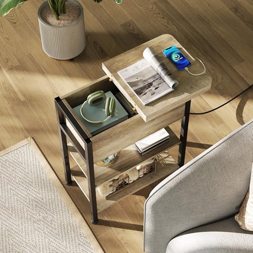 WLIVE End Table with Charging Station, Flip Top Narrow Side Table with Storage Shelf, Small Nightstand with USB Ports and Outlets,Bedside Table for Living Room, Bedroom,11.81" D x 23.62" W x 24.33" H - color: Greige