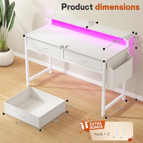 DurayLoly Computer Desk with 2 Drawers & LED Lights,39.4 Inch Home Office Desks with Side Pocket and Monitor Stand,Study Writing Table for Small Spaces,White - color: White, size: 39.4 Inch