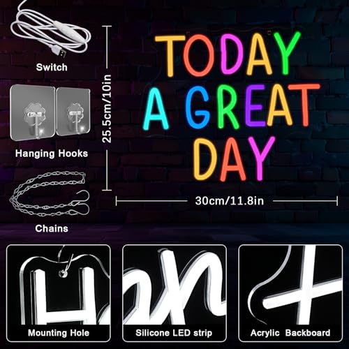 Today A Great Day Neon Sign for Wall Decor Great Day Neon Light Letter LED Sign Motivation Neon Signs Dimmable USB Color Letter Neon Light Sign for Classroom Kid Room Party Home Decor - color: Today A Great Day
