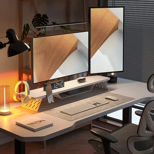 Fenge Dual Monitor Stand, 42.5 Inch Monitor Riser for Desk, Wood Desk Shelf for 2 Monitors, 2 Tier Monitor Shelf with Headphone Stand & Phone Holder - color: White