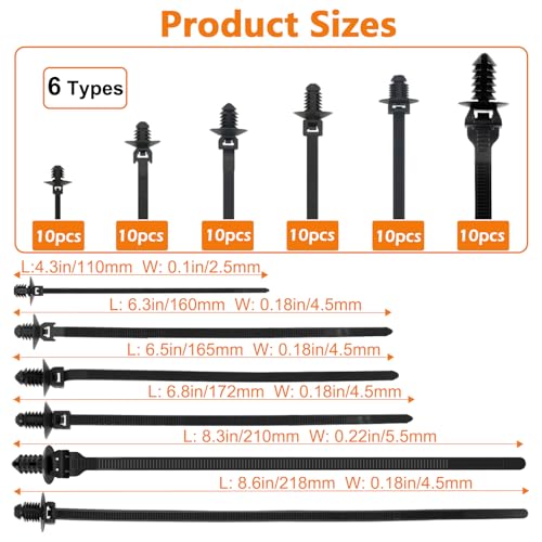 60Pcs Nylon Universal Cable Tie with Buckle Push Mount Zip Tie Mount ChristmasTree Zip Ties Mounts Automotive Cable Ties Wire Clips Fuel Line Ziptie High Temp Heat Resistant Wire Wrap (6-Types) - size: 6 Types