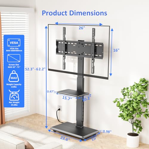 Rolling TV Stand with Power Outlet, Mobile TV Cart for 32-75 Inch TVs up to 110 lbs, 18 Adjustable Heights, Max VESA 600x400mm, TV Floor Stand with Swivel Mount/Shelf/Wheels, Fits for Bedroom, Outdoor - style: 2-GM-A01