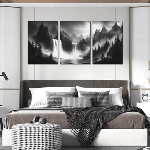 CIRABKY Waterfall Canvas Wall Art for Living Room - Mountains Pictures Wall Art for Office - Modern 3 Piece Large Wall Art for Bedroom Size 24" x 36" - color: Black White 3, size: 36"L x 24"W x 3 PCS