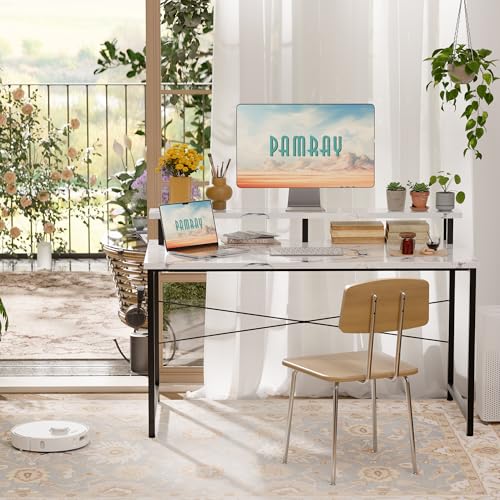 Pamray 47 Inch Small Computer Desk with Monitor Stand, Simple Office Desk with Headphone Hook for Small Spaces, Kids Study Writing Table for Bedroom, Marble - color: Marble, size: 47 Inch
