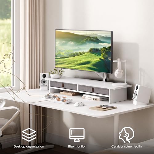 Fenge Monitor Stand with Drawer, 2 Tiers Dual Monitor Riser for Desk, 35 Inch Computer Stand for 2 Monitors, Desk Shelf for Home, Office, Laptop, PC, TV, Printer - color: White