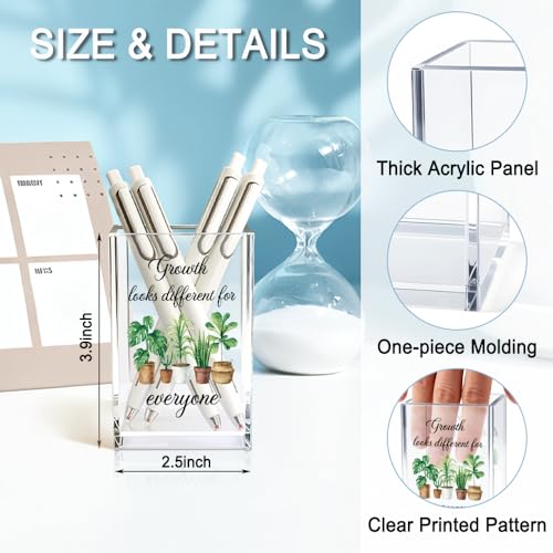 Growth Looks Different for Everyone Acrylic Cosmetic Pencil Holder Cup, Funny Plant Pen Holder for Women Teacher, Home Office Classroom Desk Accessories, Inspirational Gifts for Coworker Friend - color: green & brown