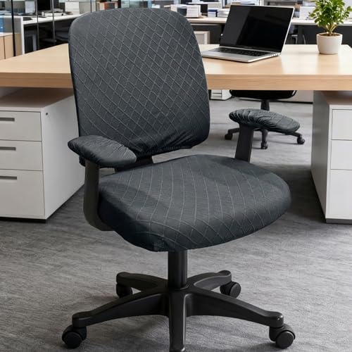 Stretch Jacquard Office Chair Cover with Armrest Covers, Removable Washable Desk Chair Cover, Anti-dust Seat Cushion Protectors -Seat + Backrest, Dark Grey - color: Dark Grey, size: Chair Seat + Backrest + Armrest Cover
