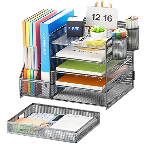 Marbrasse 5-Tier Paper Letter Tray Organizer with Drawer and Pen Holder, Mesh Desktop Organizer and Storage with Magazine Holder for Office Supplies (Grey) - color: Gray