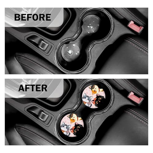 Cats Car Coasters for Cup Holders Set of 2 Pink Paws Absorbent Ceramic Cup Coaster 2.63" Non-Slip Cork Base Drink Coasters with Finger Notch Car Accessories Interior - color: Cute Cat