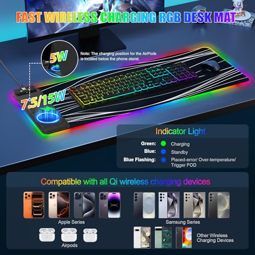 RGB Mouse Pad with Foldable Phone Stand Wireless Charger, 31.5"x11.8" XL Gaming Mousepad Large Desk Mat, Desk Pad with 11 Colors 5 Modes, Waterproof - color: Black Touch Control Stand XL Line