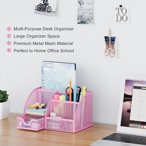 EasyPAG Mesh Desk Organizer with Drawer Multi-functional Pen Holder Stationery Organizer for Office School Supplies 6 Compartments Dorm Organizers and Storage for Desk, Light Pink - color: Light Pink