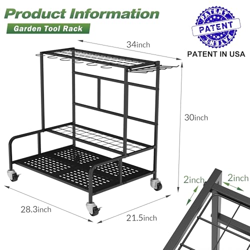 Garden Tool Organizer Rack with Wheels Up to 39 Tools, Heavy-Duty Steel Yard Tool Organizer for Garage Storage with 12 Hooks, Broom Holder & Garden Tool Rack for Shed, Patio, Outdoor Use, Black - style: Rack With Accessories