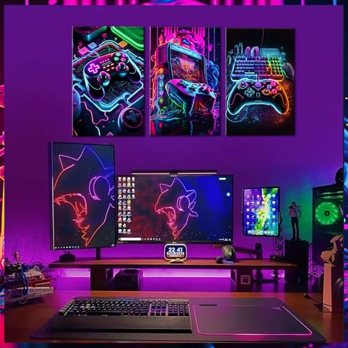 BGFCE Game Room Decor Posters Set of 3 - Neon Gaming Accessories Theme Canvas Wall Art, Gamer Console Paintings Picture Wall Decor for Children Youth Boys Bedroom 12x16 inch Unframed - color: Purple Cool Game Posters, size: 16L" x 12W"