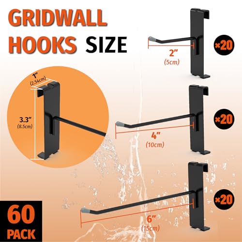 HUHOLE 60 Pack Black Gridwall Hooks, 2", 4", 6" Inch Display Hangers | Fits 3 x 3 Inch Wire Grid Panels, 20 lb Capacity Hooks for Retail Store, Craft Fair, Jewelry Rack and Garage Organizer - size: 2+4+6 Inch