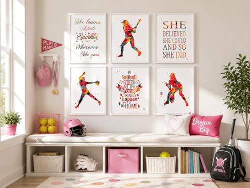 Inspirational Watercolor Softball Girl Quotes Art Print Set for Girl's Bedroom Decoration, Locker Team Boost, Young Hitter Surprises, Aspiring Batter Tokens, Team Captain Honors, Coach Appreciation, Birthday Gifts - 8x10 Unframed Print Set - style: Softba