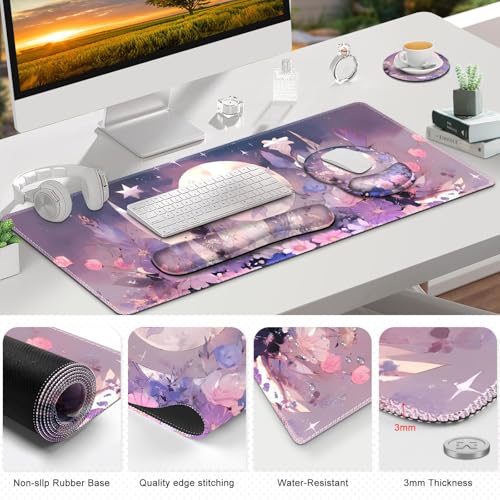 Large Desk Mat, Gaming Mouse Pad, Desk Pad Protector, XXL Mousepad + Keyboard Wrist Rest+Mouse Wrist Rest+Coaster Set with Ergonomic Desk Pad for Home Office PC Computer, Pastel Purple Flower Moon - color: Pastel Purple Flower Moon