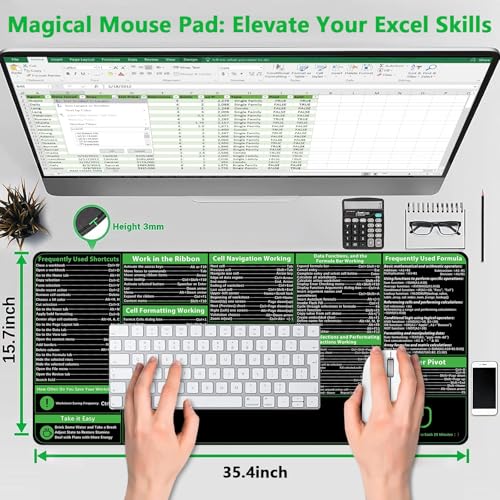 ProbTis Excel Cheat Sheet Desk Pad, Upgraded Pro Version, Excel Shortcuts Mousepad Stitched Edges, Non-Slip Base Keyboard Mats, XXL Giant Mouse Pads for Desk, 35.4”x15.7”, Back to School - color: Excel Pro Version