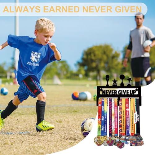 Resama Medal Hanger Holder Display Wall Rack Frame Shelf-Medal Hanger Awards Ribbon Soccer,Gymnastics,Holder Display Rack for 60 Medals - color: Never Give Up