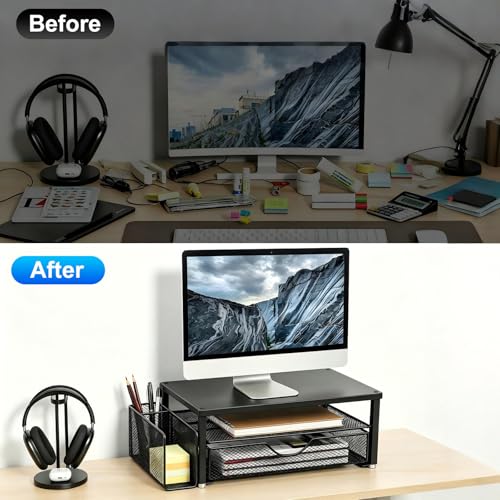Spacrea Desk Organizer and Accessories, Computer Monitor Stand Riser with Drawer and 1 Open Pen Holder, Printer & Laptop Stand, Office Desk Accessories for Home Office Supplies (Black) - color: Black - Metal Drawer