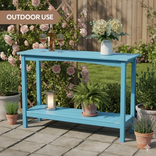 Weatherproof HIPS Outdoor Console Table, 48'' 2-Shelf SideTable Indoor/Outdoor Use, Multifunctional Buffet Table Bar Storage Organizer for Entryway,Yard, Outside Plant Stand Table, Blue - color: Light Blue