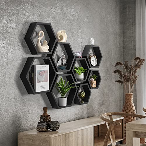 CADUKE Hexagon Shelves for Wall Hexagonal Floating Shelves Set of 8 Honeycomb Wood Shelves for Wall Decor, Hanging Plants Shelf for Living Room Storage Hexagon Racks for Bedroom, Black - color: Black, size: 8 Pack