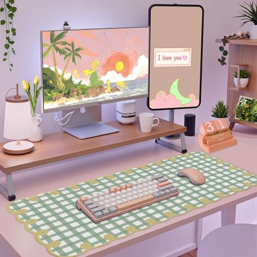 Cute Green Scalloped Desk Mat Checkered Large Mouse Pad Kawaii Vintage Farmhouse-Inspired Rustic Cottagecore Office Desk Decor Stitched Nonslip Pad for Computer Keyboard & Mouse 31 * 15.7in - color: A6- Green