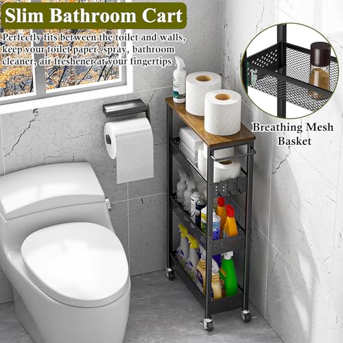 OKZEST Utility Slim Storage Cart, 4 Tier Small Rolling Kitchen Laundry Room Cart with Wood Top, Metal Narrow Bathroom Storage Cabinet Mobile Shelf Unit Organizer Trolley with Handle for Narrow Space - color: Black, size: 7.1 Inch Wide
