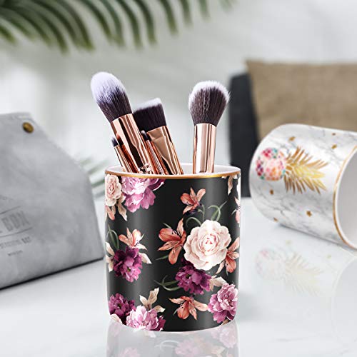 Pen Holder for Desk, Pencil Cup Holder, Cute Floral Makeup Brush Holder Durable Ceramic Flower Design Desk Pencil Organizer for Office, Classroom, Black - color: Black Flower