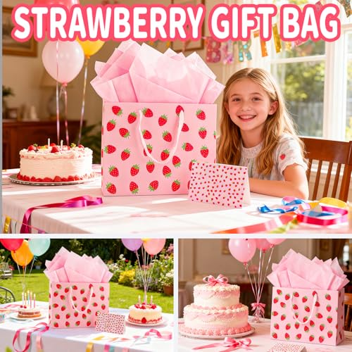 LERCTH Pink Strawberry Themed Gift Bag Set (12.99"x10.24"x4.92") – Tissue Paper, Greeting Card Included | Reusable Tote for Parties, Birthdays & Gifting (Girls, Women, Bridal) - color: Pink Strawberry Gift bag, size: 1 count (Pack of 1)