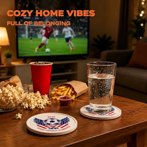 Soccer Drink Coasters Set of 2, 4 x 4 Inch Absorbent Coaster | with Raised Edge, Cork Base; Quick Dry Stone Coaster for Beer Coffee Cups; Soccer Party Decor, Game Day Gift for Fans - color: Wing