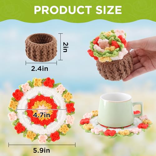 Flower Crochet Coasters, Handmade Bouquet Blanket Coaster with Crochet Plant Pot Fun Soft Decorative Drink Coasters for Coffee Tabletop Protection and Home Decor (Bright Orange, 1Pc) - color: Bright Orange, size: 1Pc
