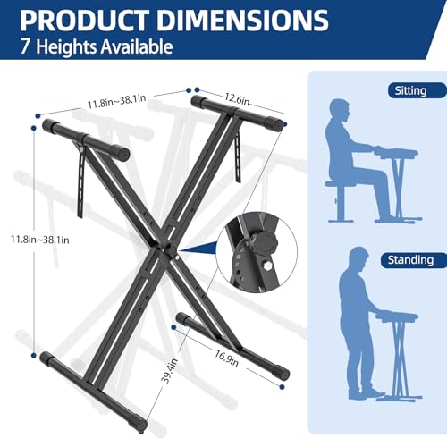 GLEAM Keyboard Stand and Bench Set, Double X Style Digital Piano Stand Height from 19" to 38", Heavy Density Foam Padded Stool from 14" to 18" Black