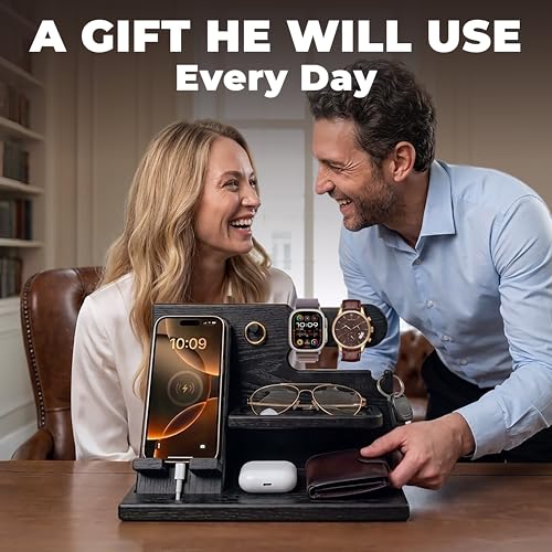 TESLYAR Wood Phone Docking Station for Men - Desk or Nightstand Organizer - Birthday Gifts for Husband, Dad - Anniversary Idea from Wife - Key Holder, Stand Wallet, Watch & Essentials (Granite Black) - color: Granite Black