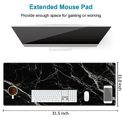 Extended Desk Mat (31.5x11.8 inch 3mm Thick), iDonzon Soft Cute Extra Large XXL Waterproof Gaming Mouse Pad with Non-Slip Rubber Base & Stitched Edges, for Working/Game, Black White Marble - color: Black White