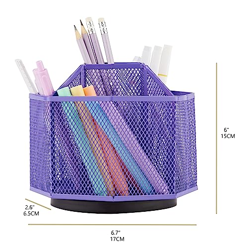 Annova Mesh Desk Organizer Rotate with 5 Compartments Spinning Tidy Candy/Pen Holder Office, Art Supply, Storage, Classroom, Home (Purple) - color: Purple