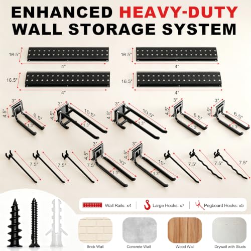 Garage Tool Organizer Wall Mount 66 inches with 13 Adjustable Heavy-Duty Hooks, Garage Organization, Garden Tool Storage Rack, Yard, and Shed, Holds Up to 520 lbs - size: 66" | 4 Panels + 13 Hooks