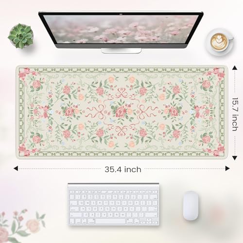 HAOCOO Cute Floral Desk Mat, Large Waterproof Mouse Pad, Girly Desk Matt for Desktop, 35.4" x 15.7" Non-Slip Keyboard Pad, Computer Mat with Stitched Edge, Office Decor Home Desk Accessories (Green) - color: D-green Bow, size: 35.4" x 15.7"
