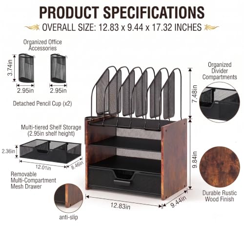 Wood Desk Organizer - 4-Tier Desktop File Organizer with Drawer, Wooden Paper Tray, Vertical File Holders & 2 Pencil Holders - Office Desk Organizer for Papers, Mail, Notebooks, Stationery - size: 4 Tier Drawer with Vertical File Holder